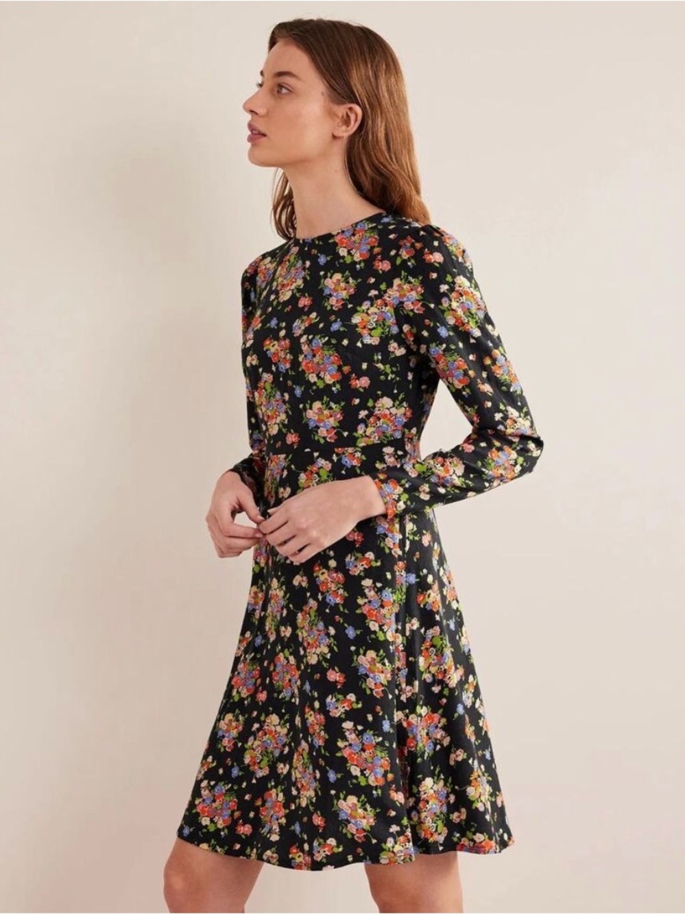 Boden Black Floral Long-Sleeve A-Line Mini Dress Feminine Comfy Dress Summer